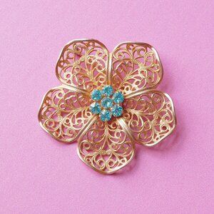 Mid-Century Gold Plated Filigree Flower Brooch with Baby Blue Rhinestones, 1950s